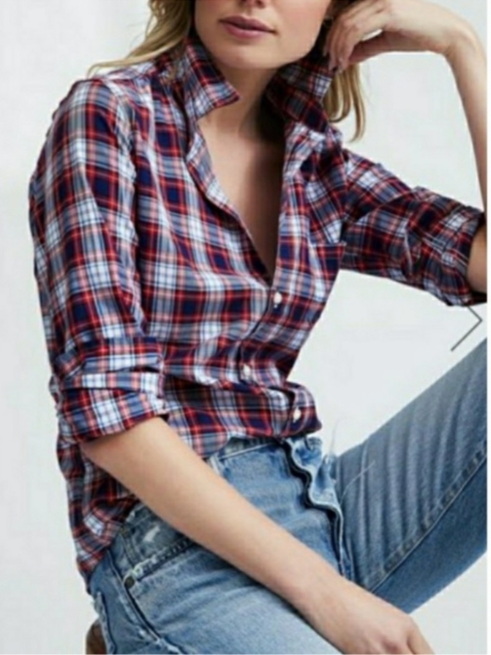 Frank & Eileen "Barry" Fitted Cotton Red/Navy Plaid Button Down Shirt  Medium